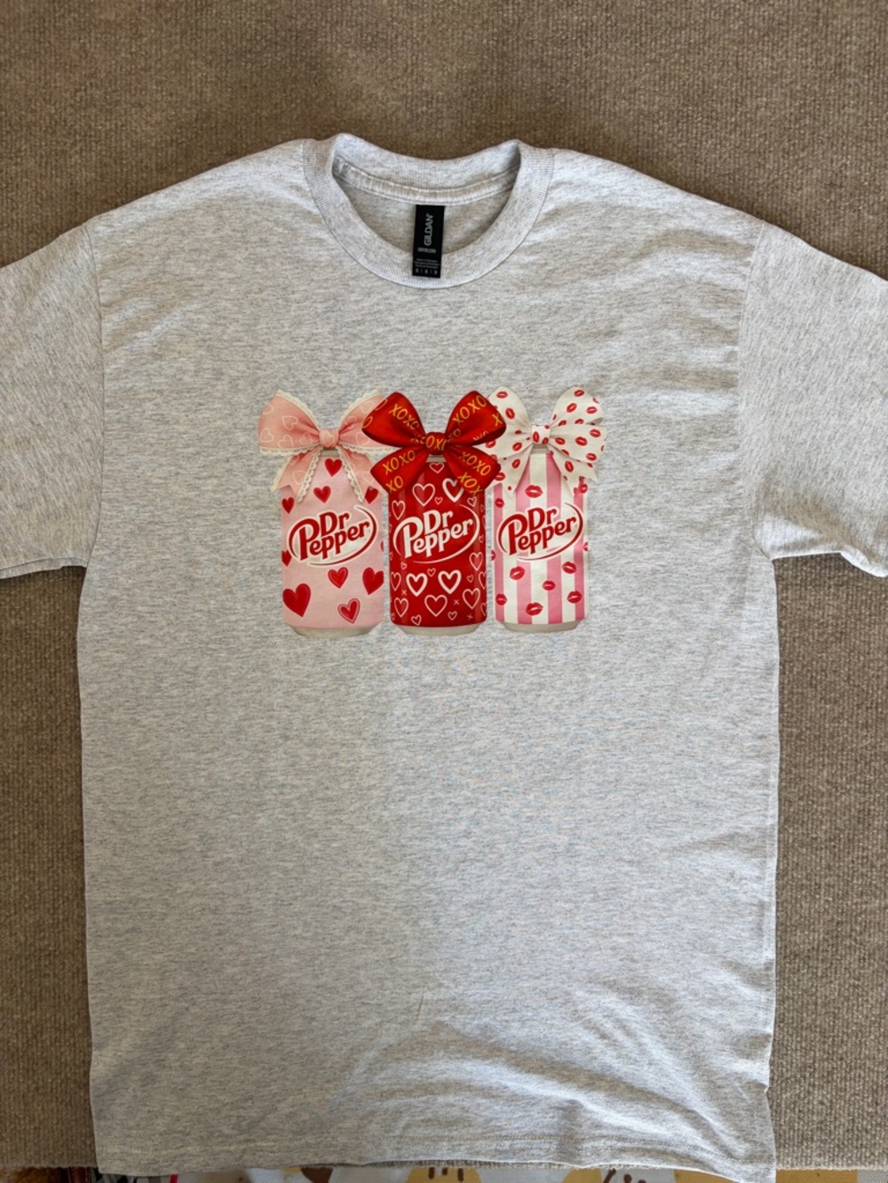 Gildan Gray Tee with Pink & Red Dr Pepper Bottle Graphics